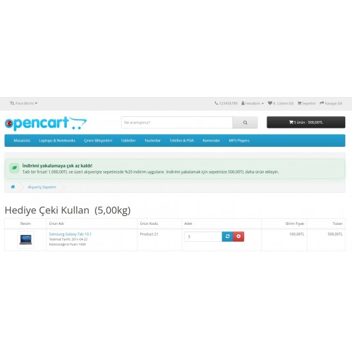 Opencart Sepet Tutarı Üzeri İndirim Modülü